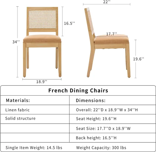 Miniatura 3 de ODUSE-DAILY Juego de 2 sillas de comedor French Country color beige, sillas de comedor de madera bohemia con respaldo tejido y asiento tapizado