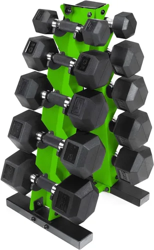 Miniatura 55 de CAP Barbell Juego de mancuernas hexagonales recubiertas de 150 libras con estante vertical Múltiples opciones Estante azul