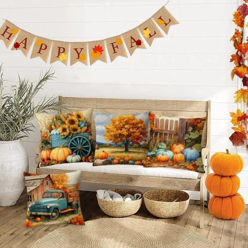 Miniatura 7 de Juego de 4 fundas de almohada de otoño de 12 x 12 pulgadas, fundas de almohada de calabazas de Acción de Gracias, fundas de cojín decorativas