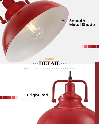 Miniatura 4 de Paquete de 2 luces colgantes rojas de granja, luces metálicas para isla de cocina, lámpara colgante vintage industrial para cocina, sala de estar