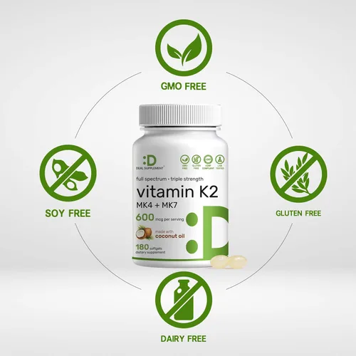 Miniatura 3 de DEAL SUPPLEMENT Suplemento de vitamina K2 de 600 mcg, 180 cápsulas blandas de aceite de coco Formas MK-7 y MK-4 de alta absorción de espectro