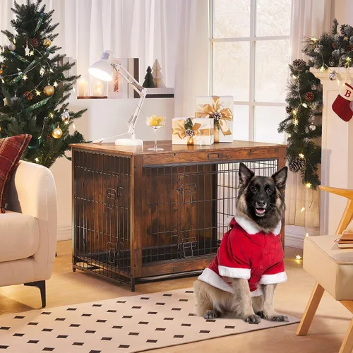 Miniatura 9 de HOOBRO Mueble de jaula para perros, perrera grande de 38.6 pulgadas para interiores, jaula de madera con bandeja extraíble, mesa auxiliar de casa