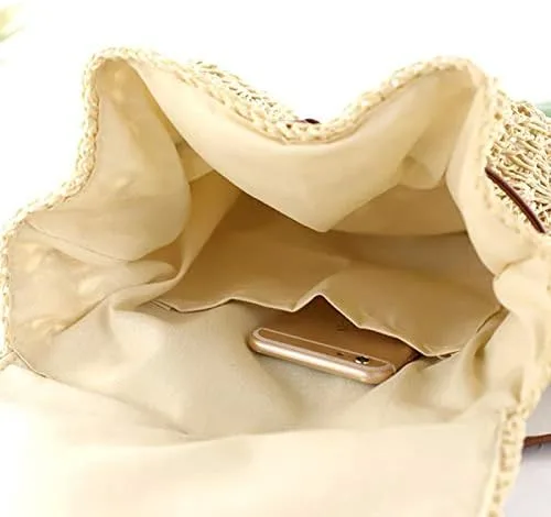 Miniatura 5 de Mochila tejida hecha a mano de paja mediana para mujer, con solapa, con cordón, bolsa de playa, Beige, Mochilas Daypack
