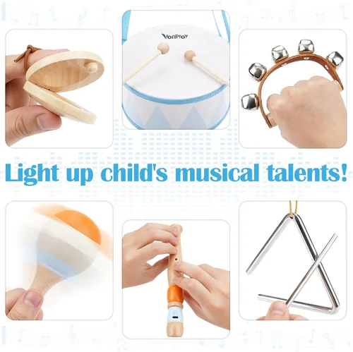 Miniatura 7 de Juego de batería para niños - Juguetes para niños de 2 y 3 años, regalos de cumpleaños para niños - Instrumentos musicales Montessori de madera