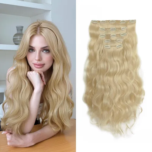 Extensiones rubias onduladas con clip, de 18 pulgadas de largo, sintéticas, invisibles, gruesas, postizas, para mujeres, 5 piezas, rizadas, suaves,