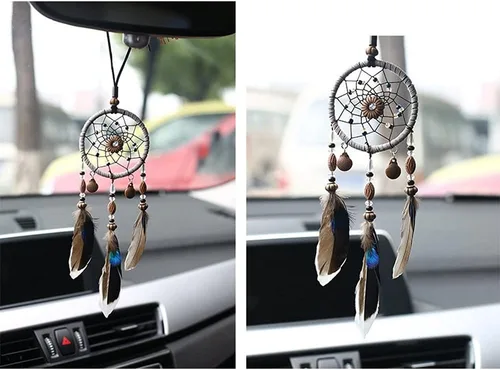 Miniatura 6 de Atrapasueños para automóvil, espejo retrovisor de estilo bohemio hecho a mano, decoración colgante con plumas y cuentas, dije de buena suerte