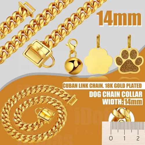 Miniatura 3 de Collar de cadena para perro, collar de cadena de oro de 0.555 pulgadas con eslabones cubanos de 0.55 pulgadas, con hebilla de cierre segura, cadena