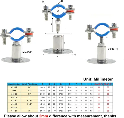 Miniatura 8 de 4 soportes de tubo de montaje en pared de acero inoxidable 304, adecuados para tubos OD de 1/2 pulgadas (0.748-0.866 in), altura ajustable