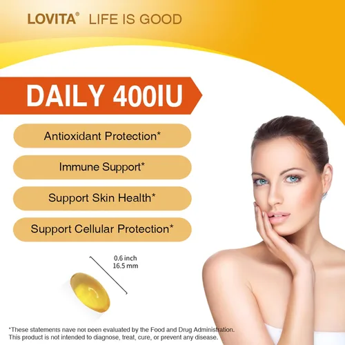 Miniatura 3 de LOVITA Vitamina E 400 UI cápsulas blandas veganas, vitamina E natural 268 mg (como D alfa tocoferol), para piel sana, cabello, uñas, antioxidantes