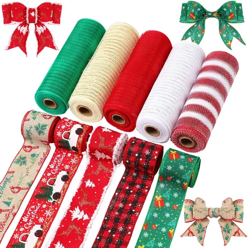 Miniatura 10 de Woanger 10 Rollos de Cinta con Borde de Alambre a Rayas de Sandía y Cinta de Malla para Envoltorio de Regalos DIY de Verano, Manualidades, Corona