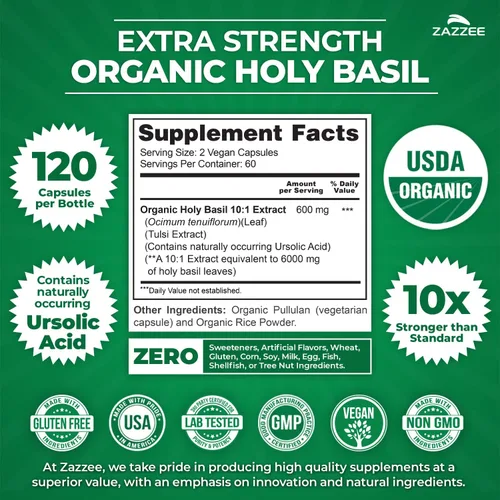 Miniatura 3 de Zazzee USDA Organic Holy Basil 10:1 Extracto, 120 cápsulas veganas, suministro para 4 meses, extracto de Tulsi, ácido ursólico, Ocimum Tenuiflorum