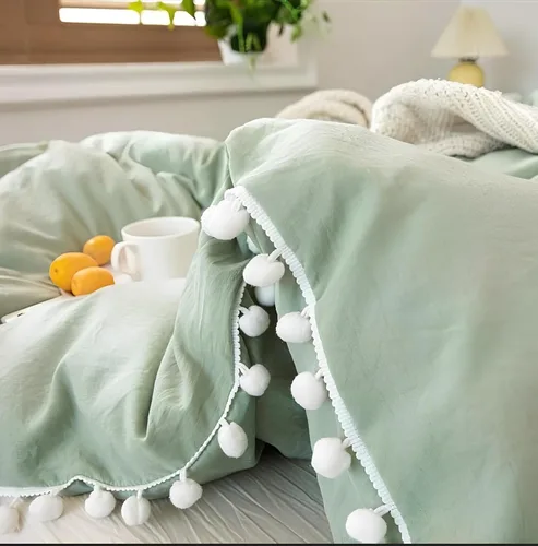 Miniatura 4 de INDACORIFY Funda de edredón verde salvia con pompones blancos, funda de edredón de algodón bohemio, 100% algodón lavado, funda de edredón