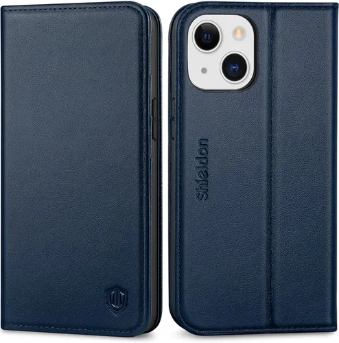 Miniatura 11 de SHIELDON Funda para iPhone 13 Mini 5G, cartera de piel auténtica, cierre magnético, ranuras para tarjetas, función atril, funda de protección Negro