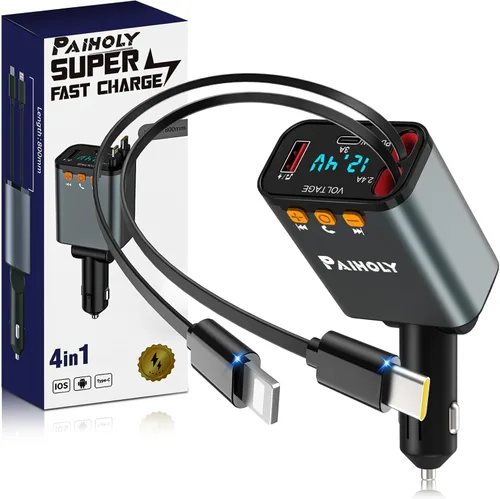 Adaptador Bluetooth 5.3 para automóvil, transmisor FM cargador de coche Bluetooth, cargador de coche retráctil 4 en 1, adaptador de carga rápida USB