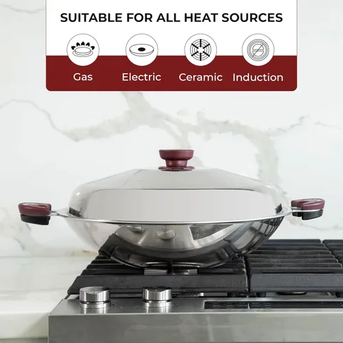 Miniatura 6 de BUFFALO Wok de acero inoxidable con tapa, parte inferior redonda de 15 pulgadas (15.0 in), sartén antiadherente de tres capas, olla de cocina