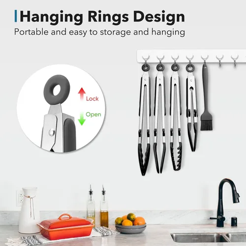 Miniatura 6 de Paquete de 5 pinzas de silicona para cocinar, 4 pinzas de cocina de 13 pulgadas con puntas de silicona, pinzas de acero inoxidable antiadherentes