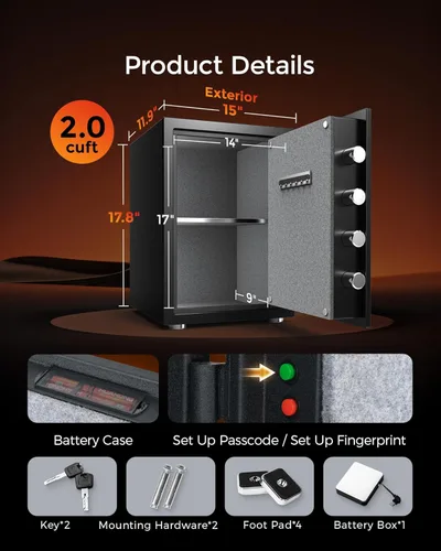 Miniatura 6 de DAYI Caja fuerte a prueba de fuego, 2.0 pies cúbicos biométrico de huellas dactilares a prueba de fuego, caja fuerte para documentos del hogar