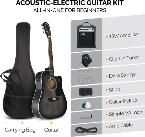 Miniatura 2 de GLARRY Kit de guitarra eléctrica acústica de tamaño completo con 6 cuerdas para principiantes con amplificador de 15W, guitarra eléctrica acústica