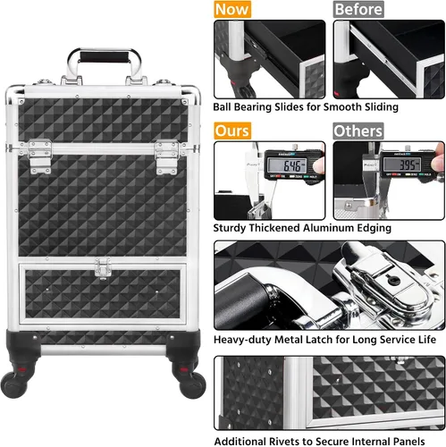 Miniatura 8 de Yaheetech Estuche de Maquillaje Tipo Tren con Ruedas, Estuche de Aluminio para Cosméticos con Ruedas, Estuche de Barbero para Salón, Carrito