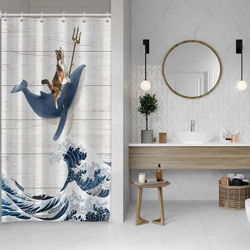 Miniatura 19 de Yeele Cortina de ducha con diseño de delfín, diseño de animales submarinos, tropical, con temática de vida silvestre, océano, azul, para baño