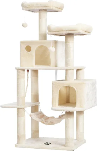 Miniatura 9 de Hey-brother - Mueble grande de casita de gato multinivel con postes rascadores cubiertos de sisal, 2 condominios de felpa más grandes, hamaca Beige