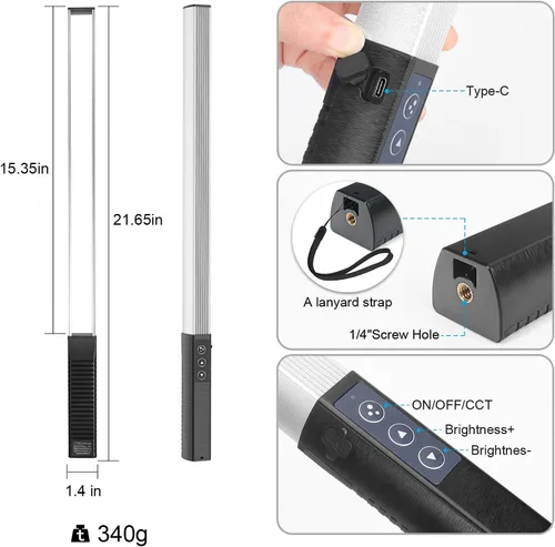 Miniatura 3 de LUXCEO Iluminación LED RGB para fotografía, varita portátil, luz de video LED de mano, 1000 lúmenes, CRI 95+ USB recargable con control remoto