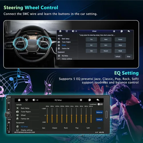 Miniatura 4 de Radio estéreo de coche de 6.9 pulgadas con pantalla táctil de un solo DIN, radio inalámbrica Apple Carplay y Android Auto, enlace de espejo, FM, EQ