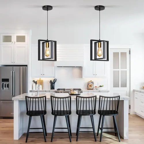 Miniatura 22 de Lámpara colgante estilo granja, luces colgantes negras para isla de cocina, luz colgante de metal industrial y madera vintage, lámpara de techo