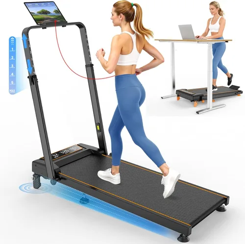 Walking Pad Treadmill with 15% Incline & Dual LED Display, 4 in 1 Walking Pad with Handle Bar, 3.5HP Foldable Under Desk Treadmill, Portable Negro