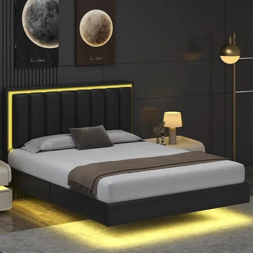 Miniatura 9 de IMMERSTABLE Marco de cama flotante tamaño Queen, marco de cama tapizado tamaño Queen con cabecero, luces LED RGB, soporte de listones de madera Negro
