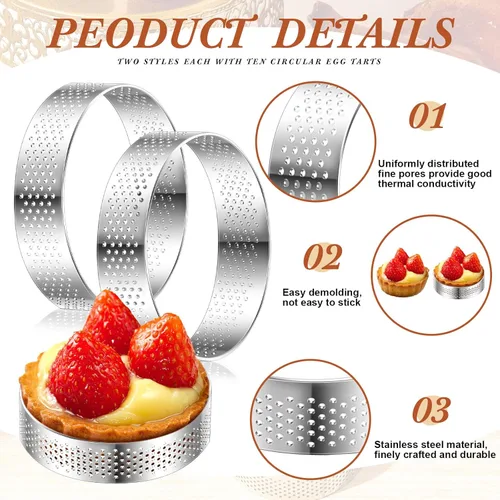 Miniatura 3 de Mumufy 20 anillos de tarta perforados redondos de acero inoxidable para hornear, anillos redondos de metal antiadherentes para pastelería, postre