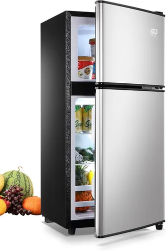 Miniatura 6 de KRIB BLING Mini refrigerador compacto, refrigerador pequeño, termostato ajustable de 7 niveles, estantes extraíbles con acero inoxidable, 2 puertas