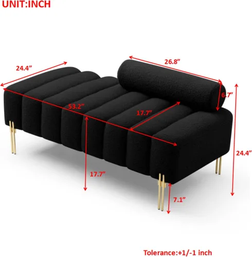 Miniatura 2 de Holaki Banco moderno de 53.2 pulgadas, cómodo sofá tapizado de tela sherpa, de 2 plazas, reposapiés, banco otomano con patas de metal dorado y Negro