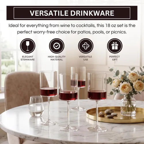 Miniatura 4 de Copas de vino acrílicas de Tritan cuadradas irrompibles, estilo europeo, juego de 4, 100 % estadounidenses, 18 onzas, aptas para lavavajillas