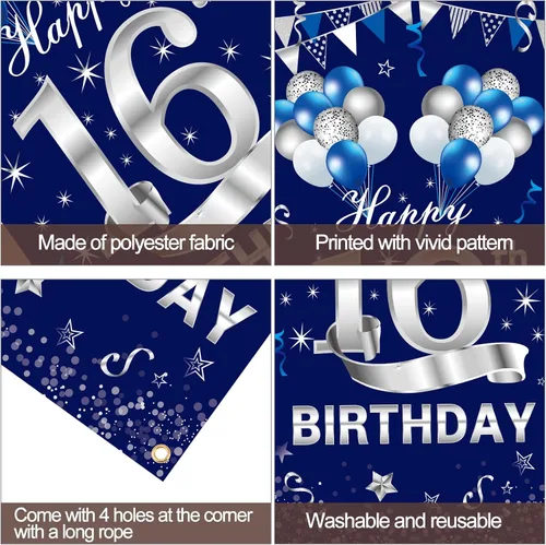 Miniatura 6 de Turypaty Cartel azul plateado para puerta de cumpleaños número 16, decoración para puerta de cumpleaños de 16 años, suministros de fiesta