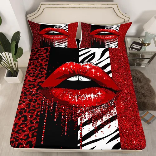 Miniatura 8 de Manfei Sábana bajera ajustable de labios de rosa, tamaño individual, funda de cama con estampado de cebra de leopardo con 1 funda de almohada, juego
