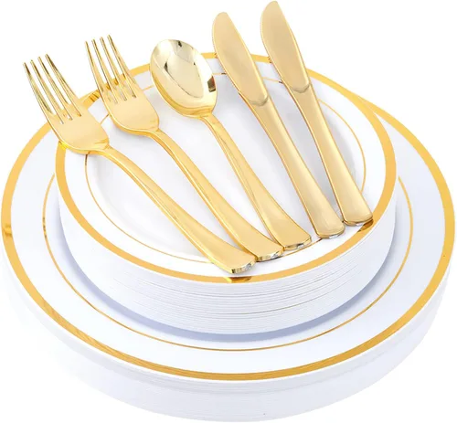 Miniatura 10 de 125 unidades de platos de plástico dorados incluyen 25 platos para cenar, 25 postres desechables y cubiertos desechables dorados, juego de vajilla