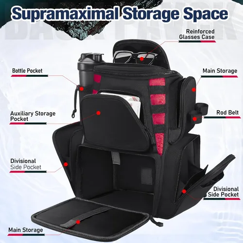 Miniatura 3 de Piscifun Mochila de pesca con 2 soportes para caña y 4 cajas de aparejos, bolsa grande de almacenamiento de aparejos con cubierta de lluvia