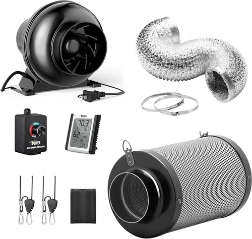 Miniatura 14 de iPower - Ventilador en línea de 4 pulgadas, filtro de carbono de aire, conductos negros de 2.4 m, controlador de velocidad, gancho de cuerda