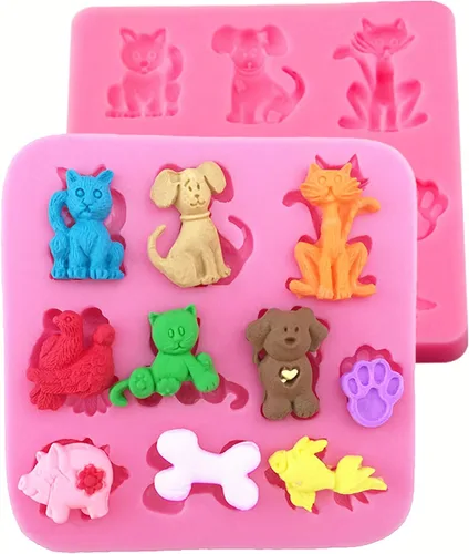 2 moldes de silicona para gatos, perros y zorros, de varias formas de animales de dibujos animados, moldes de grado alimenticio para fondant,