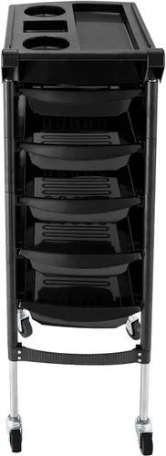 Miniatura 5 de Carrito profesional de salón, carrito de salón negro con asa y ruedas, 5 cajones y 2 soportes para secadora de pelo, bandeja lateral, carrito