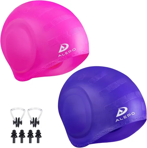Miniatura 10 de Alepo 2 Pack Unisex Swim Caps with 3D Ear Protection, Durable Flexible Silicone Swimming Hats for Women Men Kids Adults, Bathing Swimming Caps for