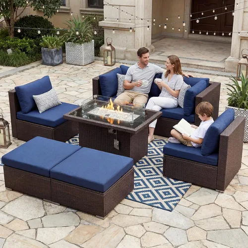 Miniatura 26 de NICESOUL Juego de muebles de patio para exteriores de 7 piezas con mesa para hoguera, gas natural y propano convertible, respaldo alto de 29.3