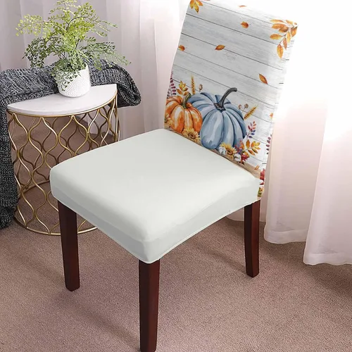 Miniatura 2 de Juego de 6 fundas elásticas para sillas de comedor con diseño de calabaza de Acción de Gracias, juego de 6 hojas de otoño, color azul, grano