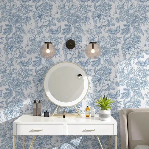 Miniatura 5 de Safiyya Papel tapiz floral para despegar y pegar, papel de contacto azul y blanco, papel tapiz bohemio para dormitorio, papel de pared de peonía