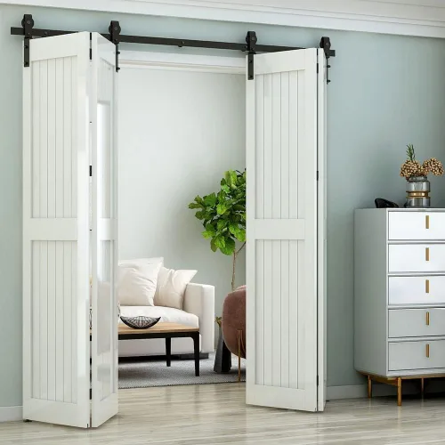 Miniatura 14 de Kit de herrajes para puerta corrediza de granero de 34 pulgadas, resistente, rodillo de montaje en pared, para puertas plegables dobles de 16