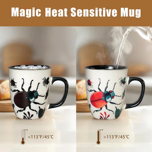 Miniatura 3 de Taza de Escarabajo de 16 oz que Cambia de Color - Taza de Café de Cerámica para Amantes de los Insectos - Regalo Novedoso con Temática de Insectos