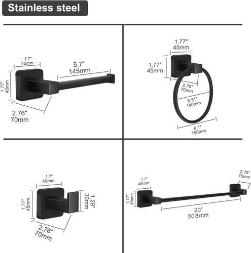 Miniatura 6 de Juego de accesorios de baño de 4 piezas, juego de toallero de acero inoxidable negro mate, incluye barra de toalla de 20 pulgadas, anillo de toalla