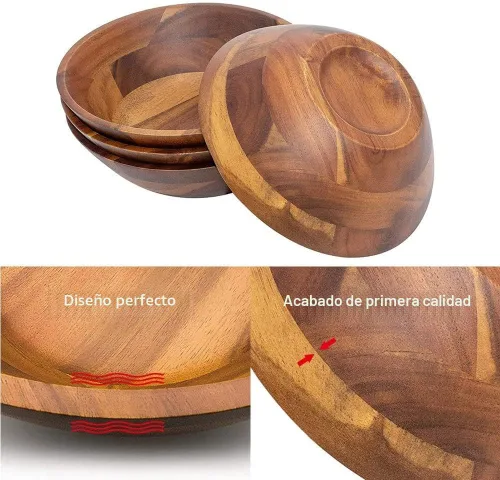 Miniatura 6 de AIDEA Cuencos de madera de acacia, juego de 4 de 7 pulgadas para ensalada, sopa, fideos y más