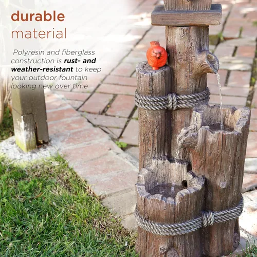 Miniatura 7 de Alpine Corporation Fuente de Agua para Pajareras de 3 Niveles de 35 Pulgadas de Alto para Exteriores con Acento de Cardenal, Decoración Rústica